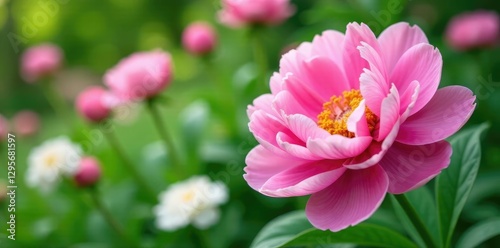 Fototapeta Naklejka Na Ścianę i Meble -  Pink peony flowers blooming in a garden with white and greenery, white flowers, floral arrangement, pink peonies