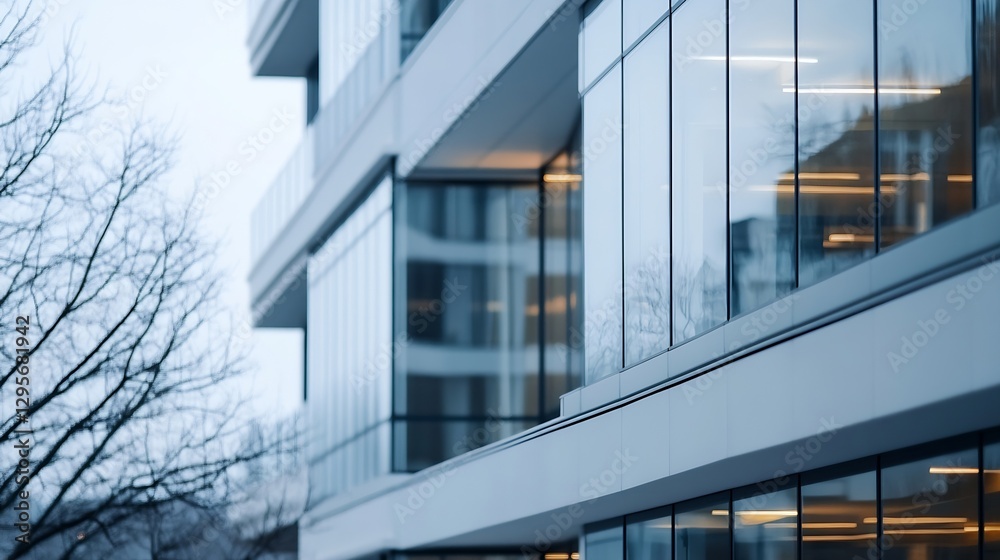 Obraz premium Modern Glass Building with Interesting Architectural Design Surrounded by Leafless Trees : Generative AI
