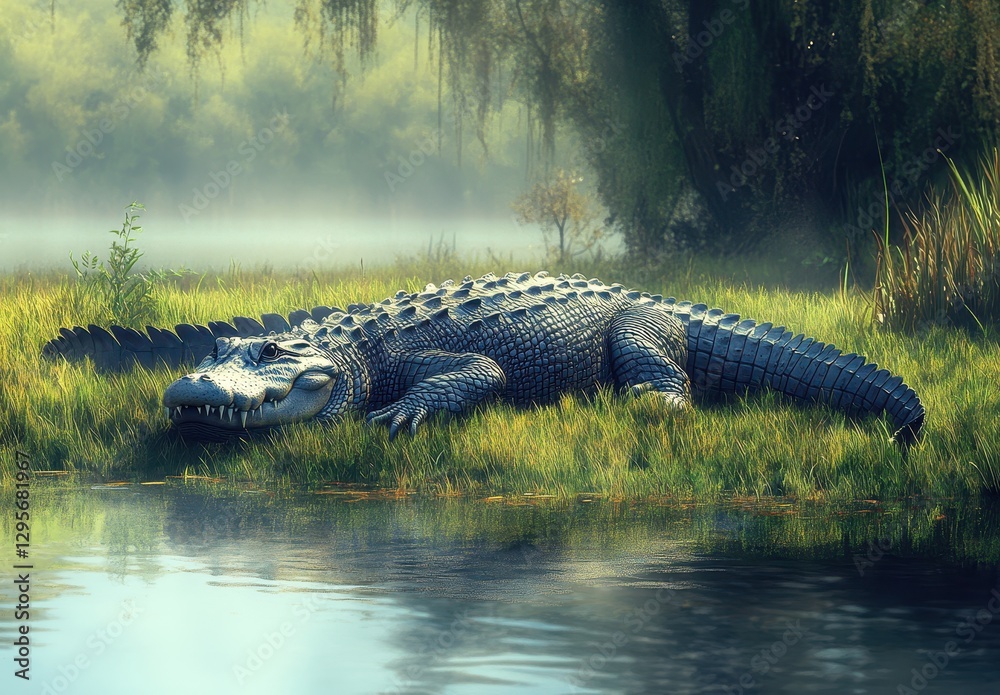 Majestic Crocodile Resting on Lush Green Grass by Serene Water in Early Morning Light with Misty Background in a Vibrant Natural Environment Majestic Crocodile Resting on Lush Green Grass by Serene Water in Early Morning Light with Misty Background in a Vibrant Natural Environment