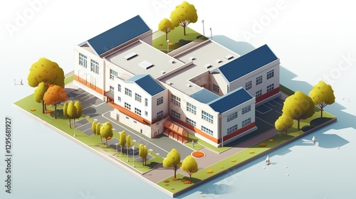 A detailed isometric vector illustration of a modern school building with a courtyard and entrance.