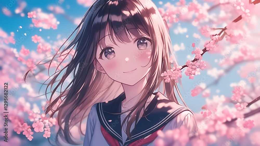 桜の木の下で髪をなびかせているアニメ調の日本人美少女