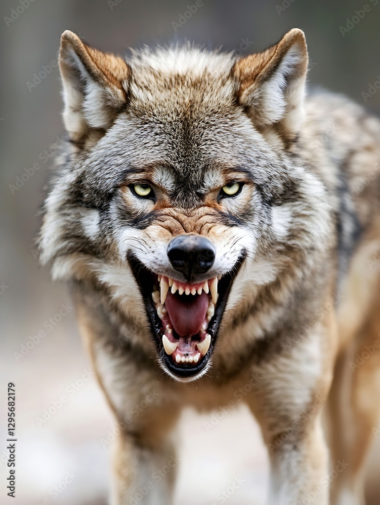 Fototapeta premium A fierce wolf growling and showing its teeth with a blurred background representing wild nature : Generative AI