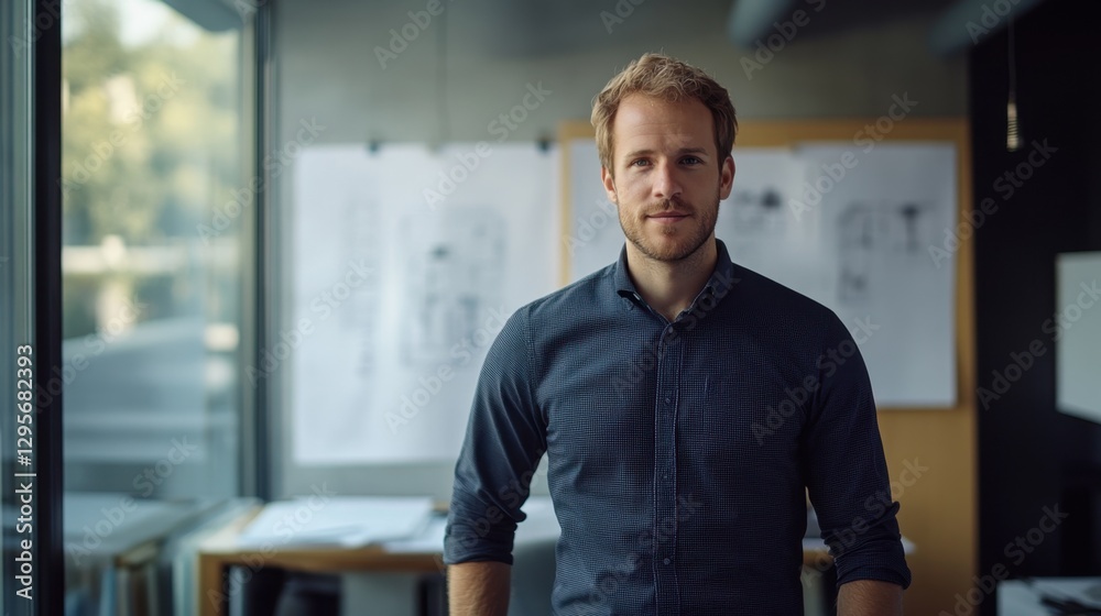 Naklejka premium Professional man standing in modern office space with architectural sketches on wall, showcasing contemporary design and focused ambition in creative environment