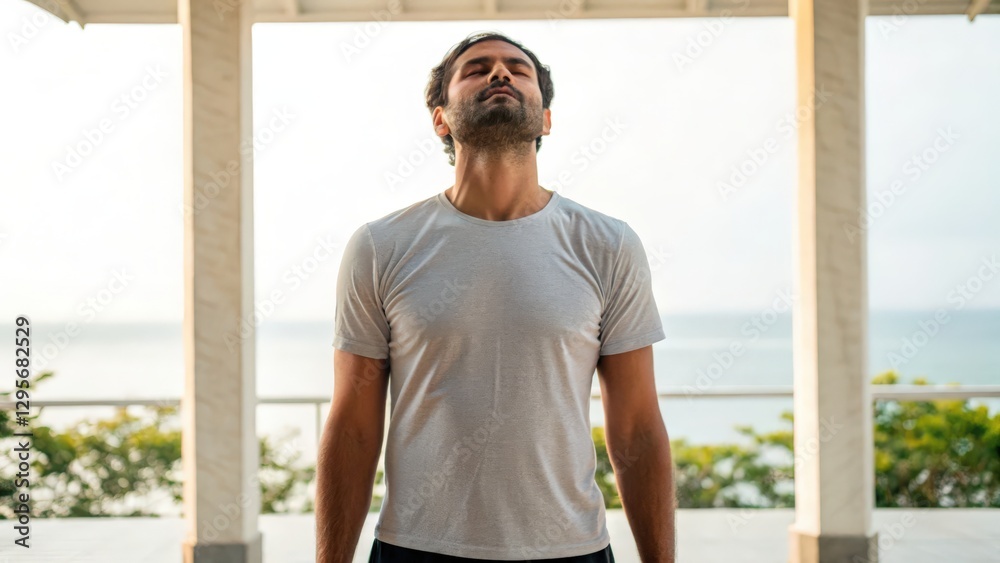 Fototapeta premium Yoga for beginners balance concept. A man stands peacefully with eyes closed, enjoying a moment of relaxation by the sea.