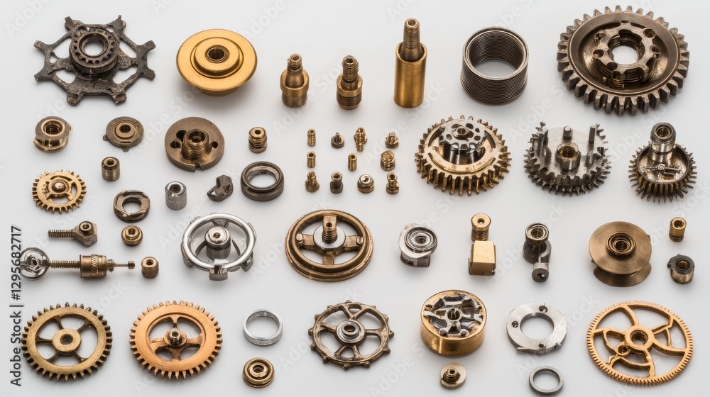 Antique machinery components, metallic gear collection, bronze clockwork parts, detailed mechanical elements, industrial cogwheels, vintage brass finish, precision engineered mechanisms, scattered Antique machinery components, metallic gear collection, bronze clockwork parts, detailed mechanical elements, industrial cogwheels, vintage brass finish, precision engineered mechanisms, scattered