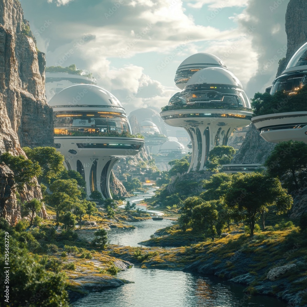 Obraz premium Futuristic Landscape with Alien Architecture and Flowing River