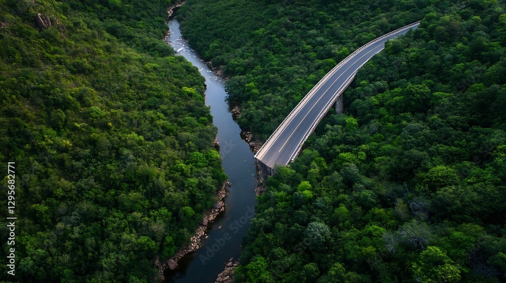 Fototapeta premium Aerial view of winding road surrounded by lush green forest and river landscape : Generative AI