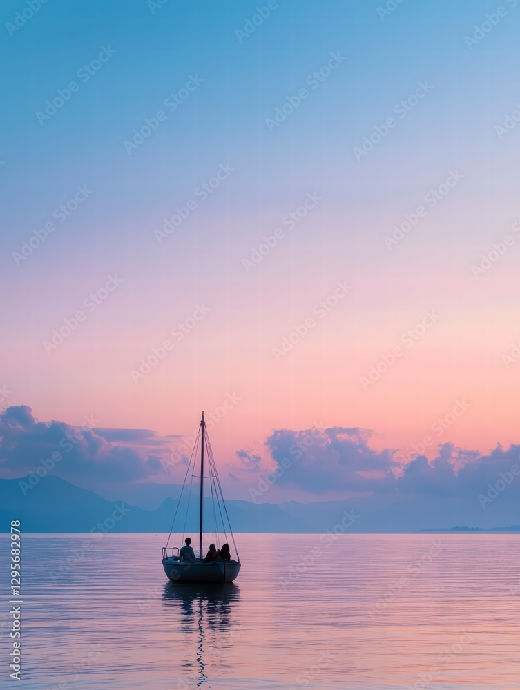 Naklejka premium Sailing into Serenity: A solitary sailboat glides gracefully through the serene waters of a tranquil lake, silhouetted against a breathtaking sky painted with hues of pink, orange, and purple.