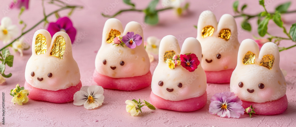 Easter bunny ice cream. Adorable bunny-shaped desserts decorated with flowers and gold accents. Easter bunny ice cream. Adorable bunny-shaped desserts decorated with flowers and gold accents.