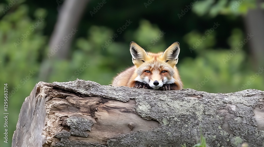 Obraz premium Charming Fox Relaxing on a Wooden Log Surrounded by Lush Green Foliage in the Wilderness : Generative AI