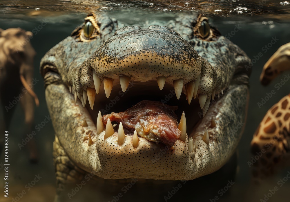Obraz premium Majestic Crocodile Underwater with Open Mouth Displaying Sharp Teeth and Prey, Surrounded by Blurred Wild Animals in Background
