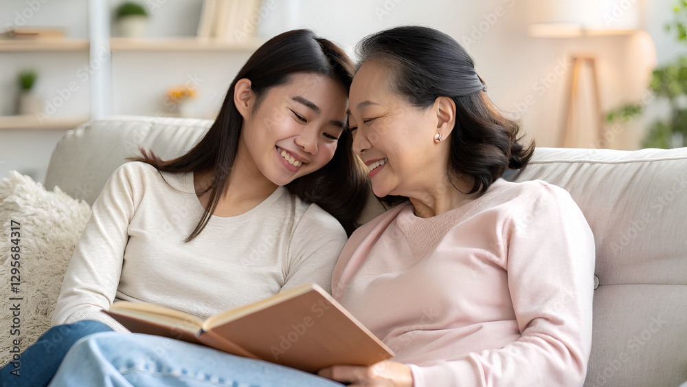 Happy middle-aged asian mother, adult teenage daughter, relaxing on sofa, Mother day concept Happy middle-aged asian mother, adult teenage daughter, relaxing on sofa, Mother day concept