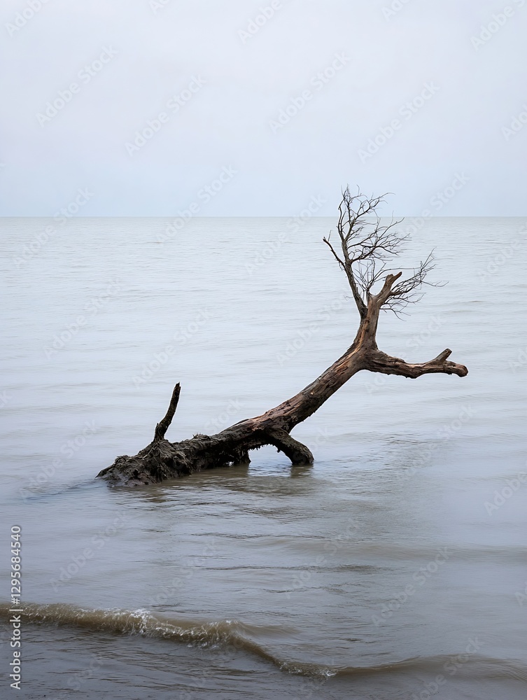 Serene shoreline with a drifting weathered tree trunk partially submerged in calm waters : Generative AI