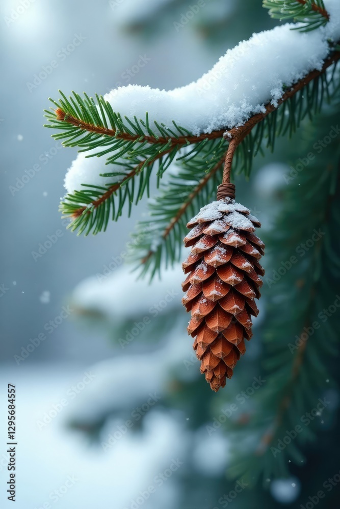 Snowy pine tree branch with frosty pine cone hanging, evergreen, winter, winter scene Snowy pine tree branch with frosty pine cone hanging, evergreen, winter, winter scene