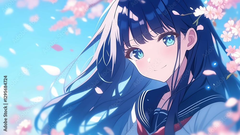 Naklejka premium 桜の木の下で髪をなびかせているアニメ調の日本人美少女