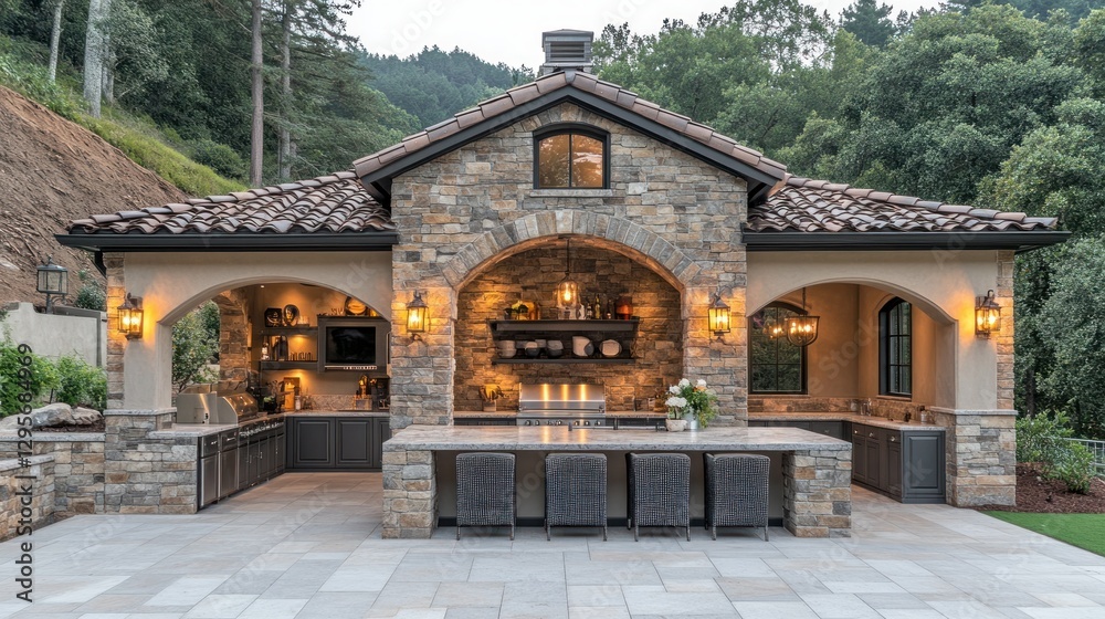 Naklejka premium Rustic outdoor kitchen with fireplace and seating area in a hillside setting