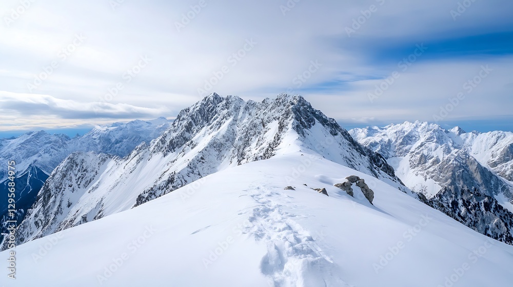 Breathtaking panoramic view of snow capped mountains under vast blue sky with dramatic clouds : Generative AI Breathtaking panoramic view of snow capped mountains under vast blue sky with dramatic clouds : Generative AI