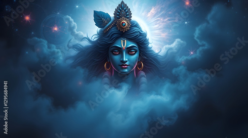 A mesmerizing digital painting of Lord Krishna, dark blue skin, serene expression, floating amidst a thick cosmic fog, swirling galaxies, and glowing nebulae in deep blues and purples. photo