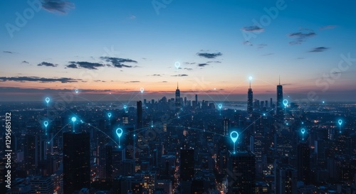 A panoramic view of a city at twilight, overlayed with glowing location markers and connecting lines representing network.