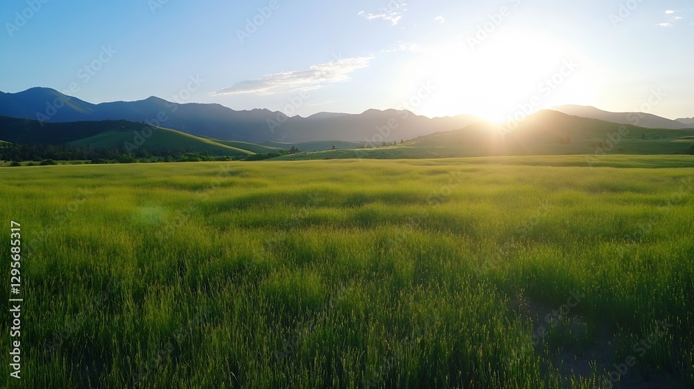 Fototapeta premium Golden Hour Sunlight Over Lush Green Fields in Mountainous Region : Generative AI