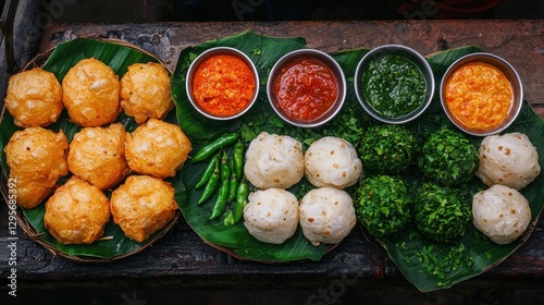 Street food in Kathmandu, Nepal. Sel Roti, Bara, and Chatamari are served with various sauces on banana leaves.