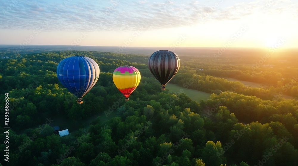 Fototapeta premium Colorful hot air balloons soaring above lush green landscape during sunrise : Generative AI