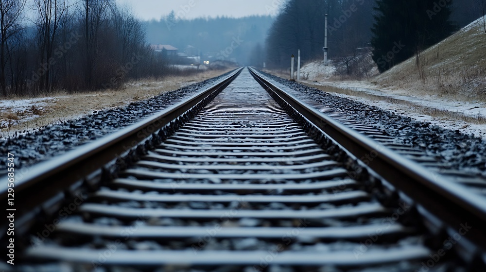 Fototapeta premium Dramatic perspective of railway tracks leading into the distance on a gloomy day : Generative AI