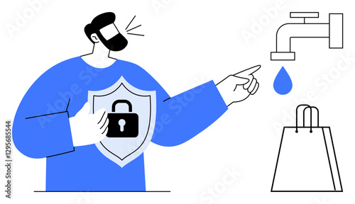 Man points to leaking faucet while holding shield with lock, symbolizing data protection and security. Ideal for cybersecurity, business safety, data leaks, online security, water conservation