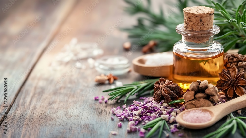 Essential oil bottle surrounded by herbs and spices on a rustic wooden surface : Generative AI Essential oil bottle surrounded by herbs and spices on a rustic wooden surface : Generative AI