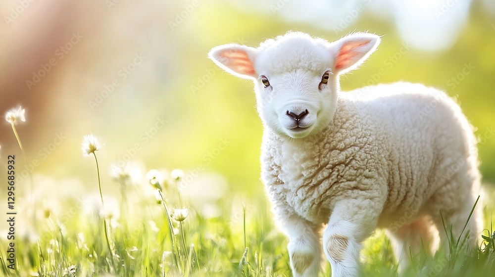 Adorable Lamb Grazing in a Sunny Meadow Surrounded by Blossoms : Generative AI Adorable Lamb Grazing in a Sunny Meadow Surrounded by Blossoms : Generative AI