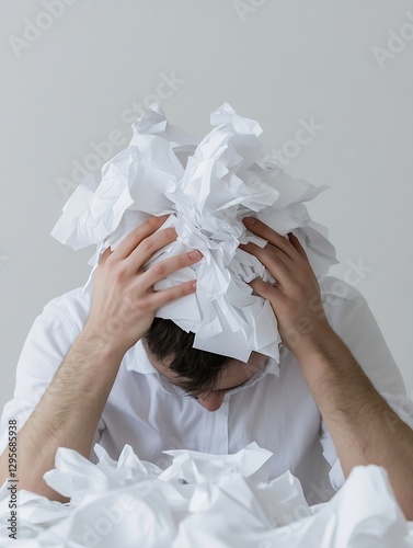 Stressed individual clutching their head surrounded by crumpled paper representing productivity struggles : Generative AI photo