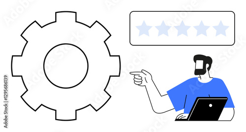 Man with laptop pointing at a large gear symbol and a row of five stars. Ideal for business reviews, user feedback, quality control, technical support, customer service, improvement strategies, team