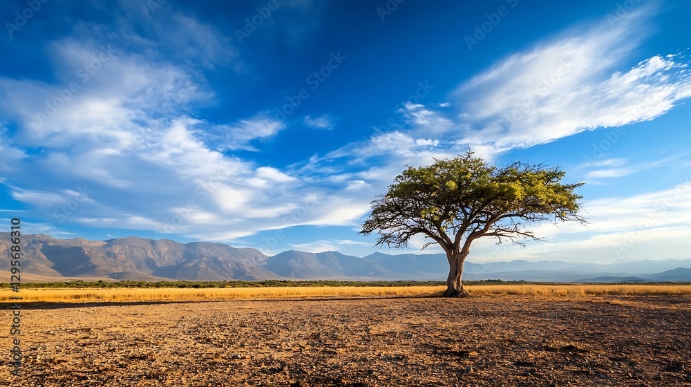 Fototapeta premium Solitary tree on a warm sunny day with blue skies and vast arid land : Generative AI