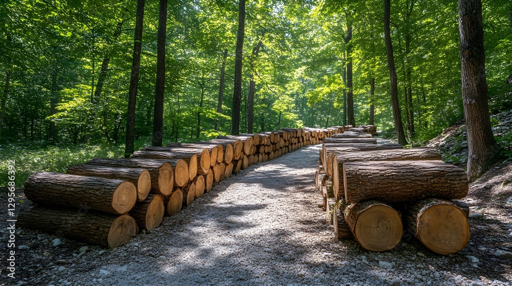 A pathway made from logs through a vibrant green forest A pathway made from logs through a vibrant green forest