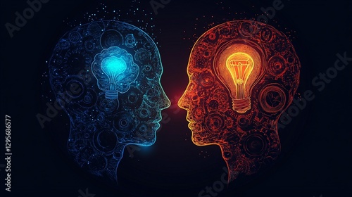 Two heads, blue and red, facing each other, with lightbulbs inside representing ideas and innovation.