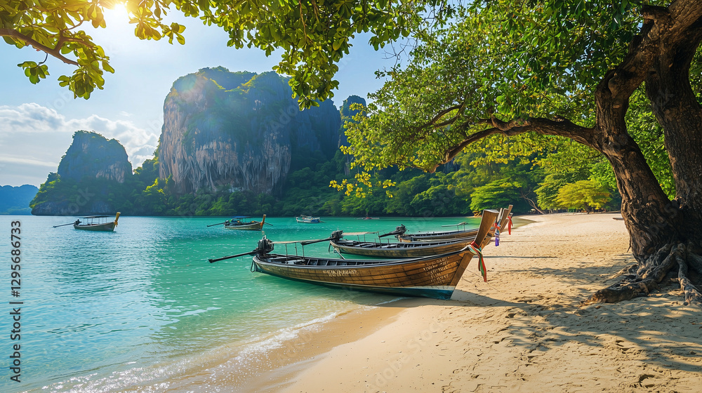 Obraz premium Boat on the Beach in Thailand with Turquoise Water and Clear Sky