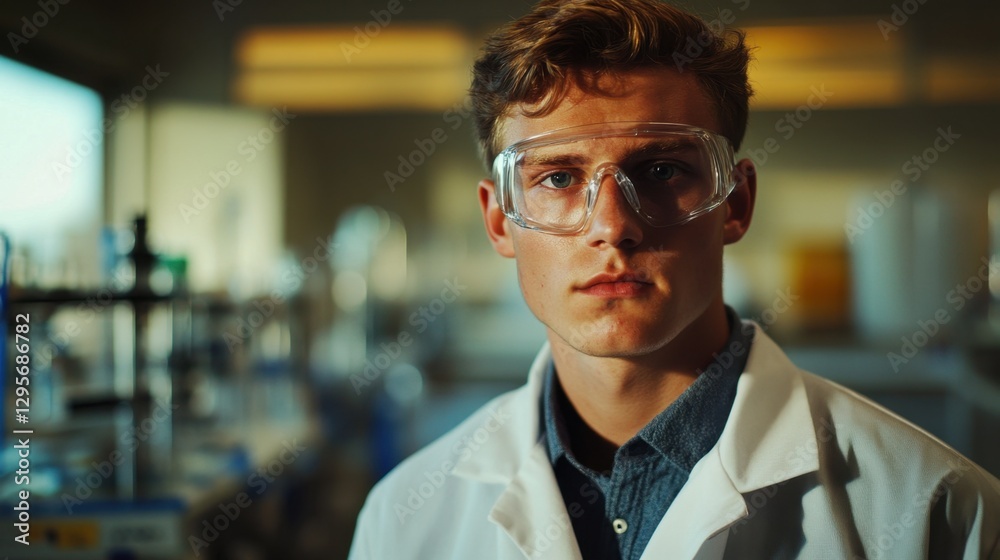 Young Male Scientist in Laboratory Setting, Wearing Protective Eyewear and Lab Coat, Focused on Experimentation and Research Activities Young Male Scientist in Laboratory Setting, Wearing Protective Eyewear and Lab Coat, Focused on Experimentation and Research Activities