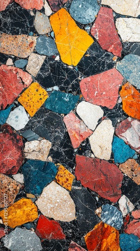 Colorful terrazzo pattern with vibrant stones, rich textures, and intricate designs for interior decoration