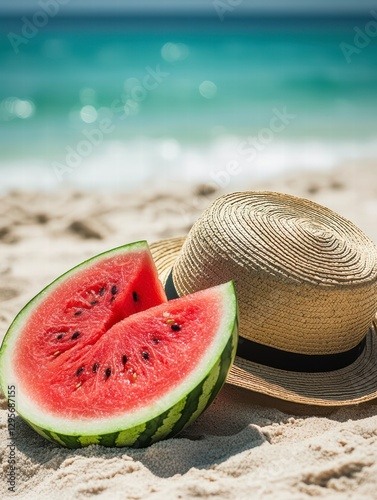 Summer Slice: A refreshing slice of juicy watermelon and a straw hat rest invitingly on sun-kissed sand, with the sparkling blue ocean as a backdrop. A symbol of pure summer bliss.