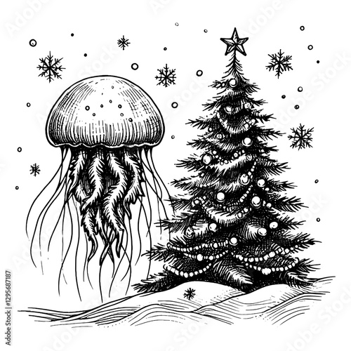 Jellyfish Christmas line art drawing ink sketch vector hand drawn illustration background