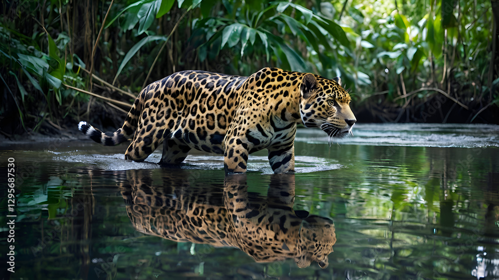 Naklejka premium A sleek jaguar carefully stepping through a shallow jungle river, its reflection visible in the clear water, surrounded by dense tropical trees
