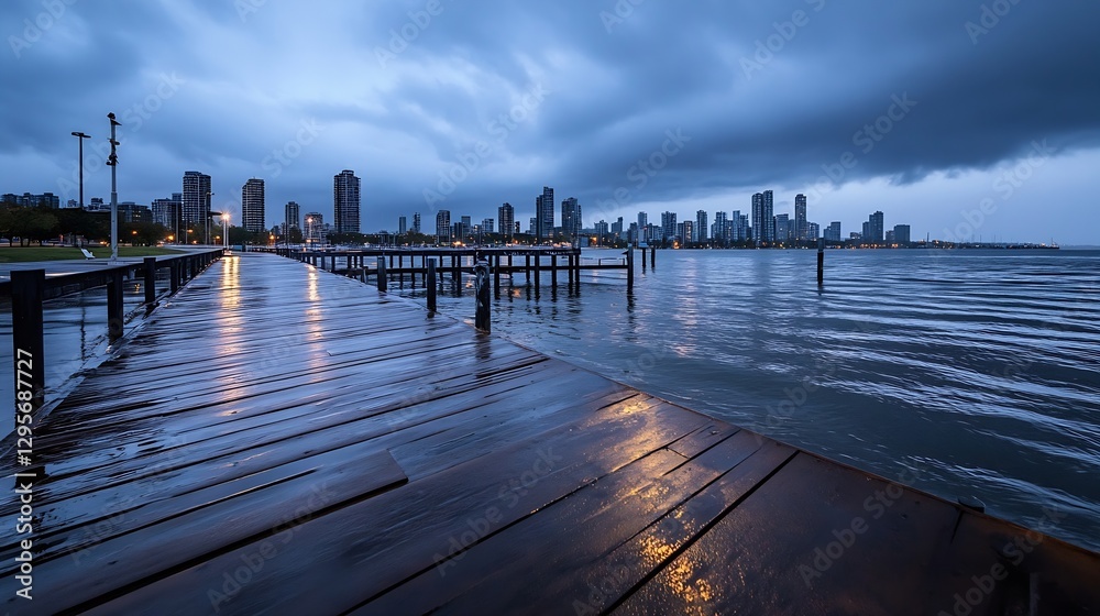 Obraz premium Serene City Skyline at Dusk with Stormy Clouds and Reflections on Water : Generative AI