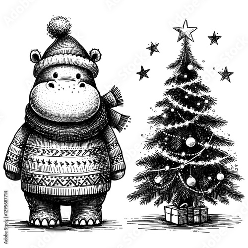 Hippo Christmas line art drawing ink sketch vector hand drawn illustration background