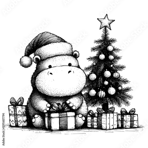 Hippo Christmas line art drawing ink sketch vector hand drawn illustration background