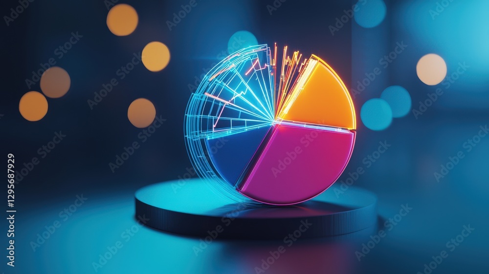 Fototapeta premium Vibrant and modern 3D pie chart showcasing data analytics in a captivating neon style. Perfect for presentations, reports, and digital content creation.