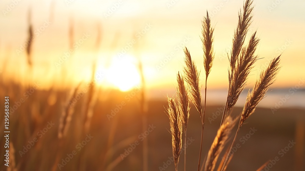 Golden hour close up of tall grass swaying gently in the breeze illuminated by a warm sunset glow : Generative AI Golden hour close up of tall grass swaying gently in the breeze illuminated by a warm sunset glow : Generative AI