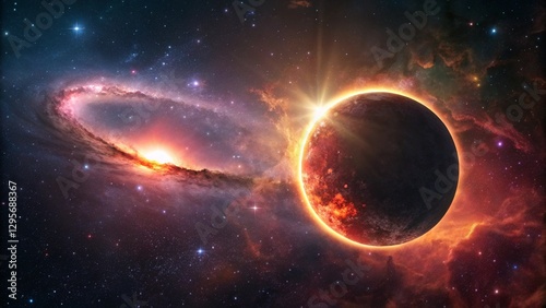 Glowing ring of fire eclipse with nebula backdrop