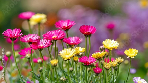 Colorful blooming flowers in a garden during the spring season showcasing vibrant pink and yellow petals