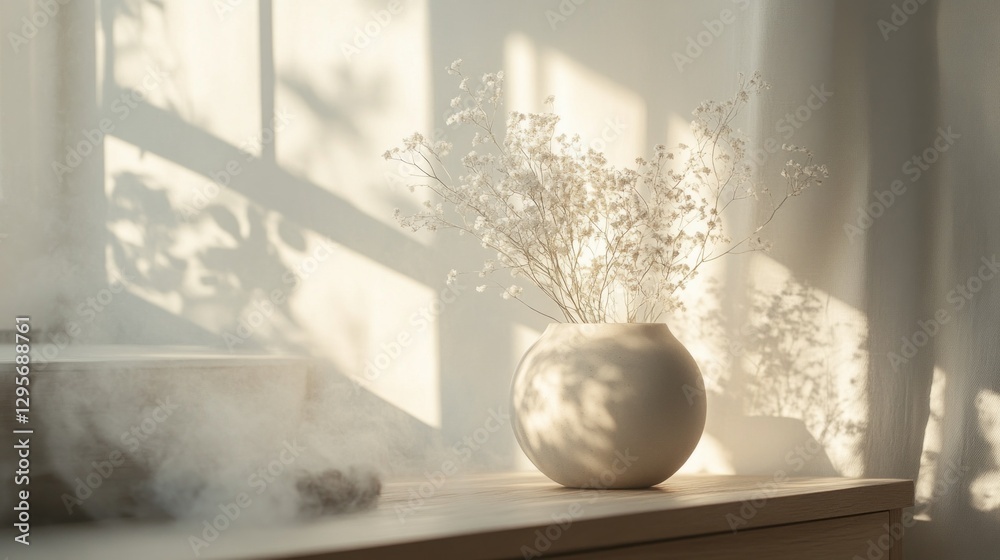Soft sunlight streams through sheer curtains, casting a warm glow on a minimalist wooden table. A simple vase holds fragile white flowers, adding tranquility to the cozy space Soft sunlight streams through sheer curtains, casting a warm glow on a minimalist wooden table. A simple vase holds fragile white flowers, adding tranquility to the cozy space