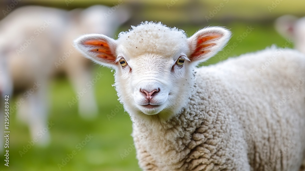 Charming Young Lamb Gazing at the Photographer in a Verdant Pasture Setting : Generative AI Charming Young Lamb Gazing at the Photographer in a Verdant Pasture Setting : Generative AI